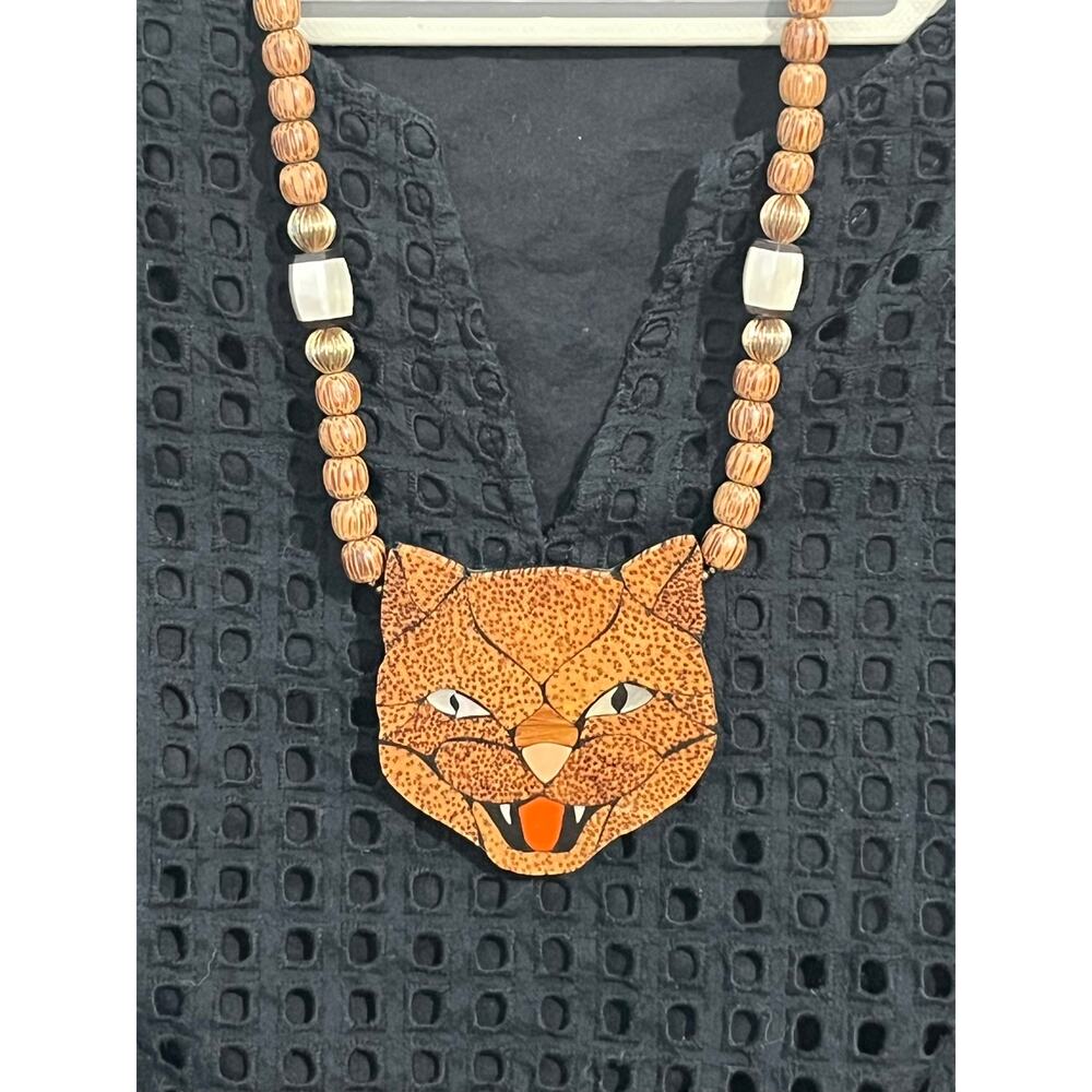 Artisan Wildcat Panther Face Necklace Hand Carved Mother of Pearl Inlay Boho